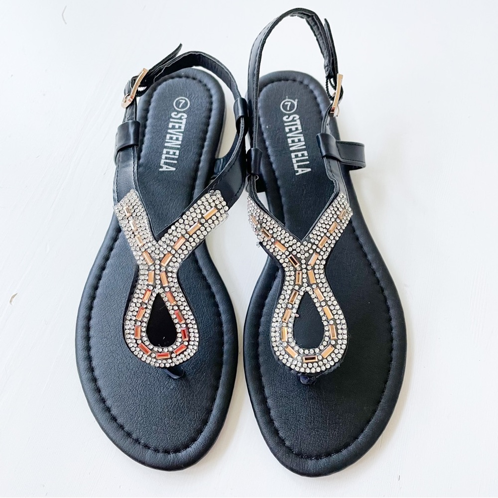 Steven Ella Black Sandals with Rhinestones B16503 NEW